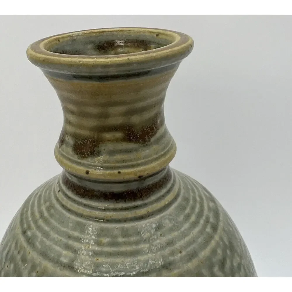Vtg Asian Stoneware Salt Glaze Vase Green Brown Studion Art Pottery Ceramic 8